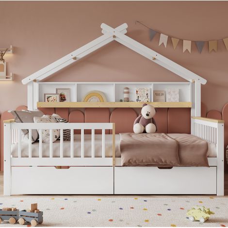 Lit 140x200 enfant avec tiroirs et toit blanc naturel OKMYHOME (1/5)