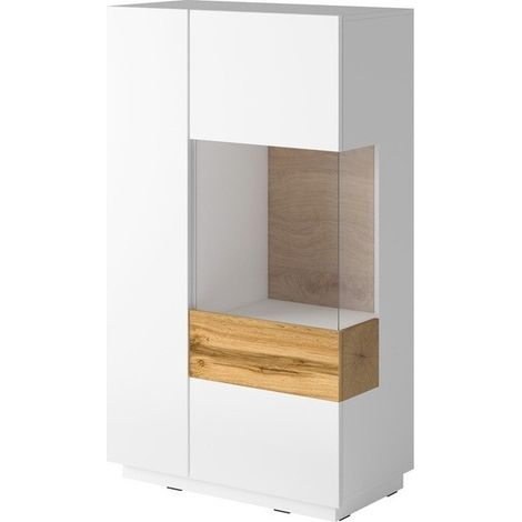 Aparador Livlore 104, Blanco + Blanco brillante + Roble wotan, 139x80cm, Número de puertas: 240cm, Aglomerado laminado, Vidrio (1/4)