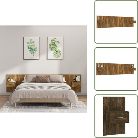 The Living Store Cabecero de cama y mesitas madera contrachapada roble ahumado - Mesitas de noche