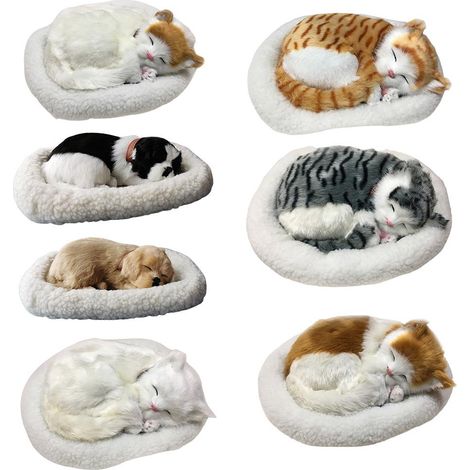 Chat en peluche réaliste endormi et respirant, avec tapis, jouet en peluche pour enfants et décoration intérieure. (1/5)