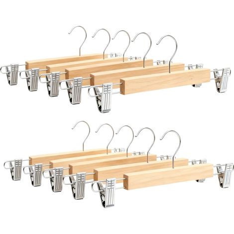 Wooden Trouser Hangers, 10-Pack, Swivel Hook, Adjustable Clips (1/5)