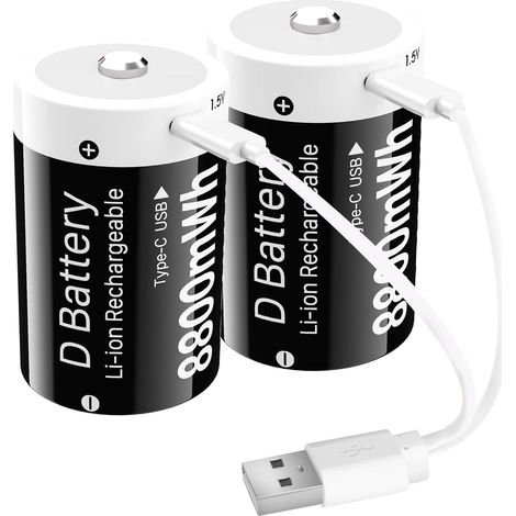 (8800mWh) Piles D Rechargeables USB-C, Rechange de Batterie Lithium D Cell de capacité pour Projecteurs, Jouets Électroniques etc. - Lot de 2 (1/5)
