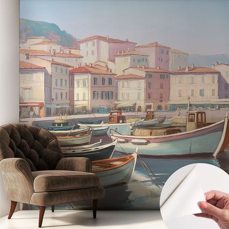 Papier peint adhésif décoratif pour chambre et salon Design moderne à poser facilement Port de plaisance en bord de mer 250x250 cm (1/5)