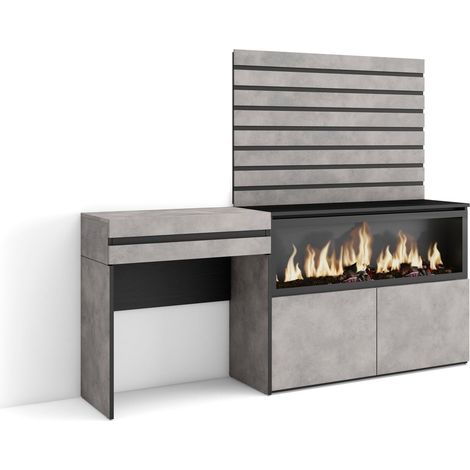 Skraut Home - Tocador, Dormitorio habitación, 177x145x35 cm, Con cajón, Chimenea eléctrica XXL, Listones Decorativos, Estilo Moderno, Gris Cemento (1/5)