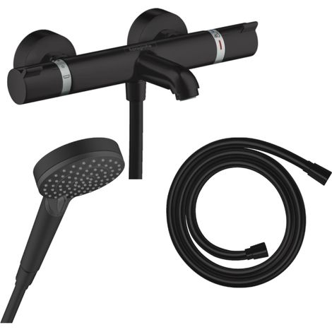 Pack mezclador termostático para baño-ducha HANSGROHE Ecostat Comfort + flexo Isiflex + rociador Varnish Blend Vario negro mate