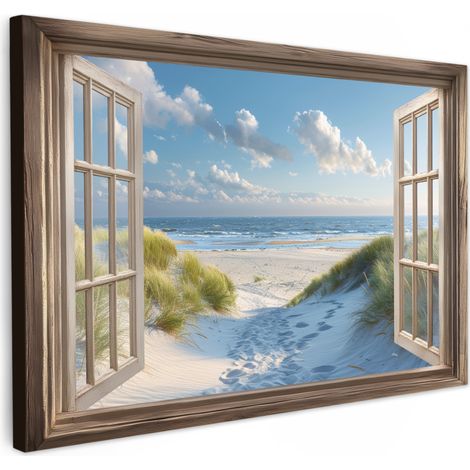 CUADRO EN LIENZO Vista - Playa - Ventana - Dunas - Mar Adornos Pared 60x40 cm