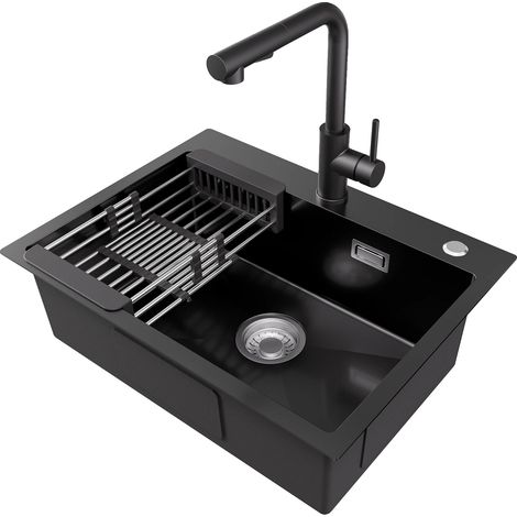 Küchenspüle, handgefertigt, nano-beschichteter Stahl, Premium-Armatur enthalten, Schwarzes Waschbecken & Wasserhahn (1/2)