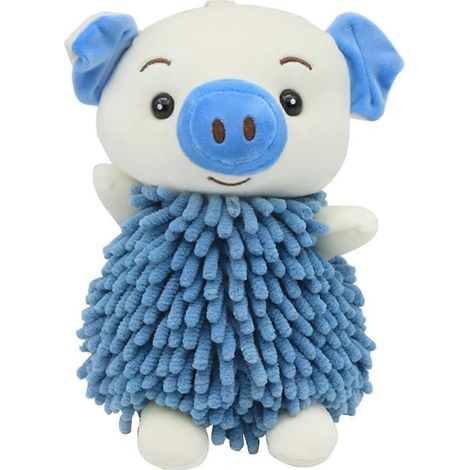 Serviette à suspendre 3D en forme d'animal cochon boule de poils chenille douce ultra-absorbante séchage rapide bleue (1/5)