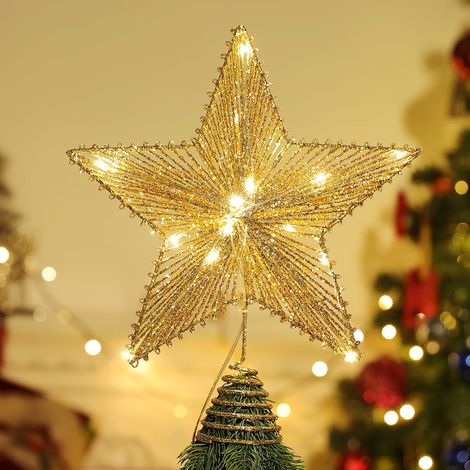 Étoile de sapin de Noël, étoile en métal brillant en forme d'étoile, décoration étoile à cinq branches, avec guirlande lumineuse LED, étoile à cinq branches pour sapin, or brillant (1/5)