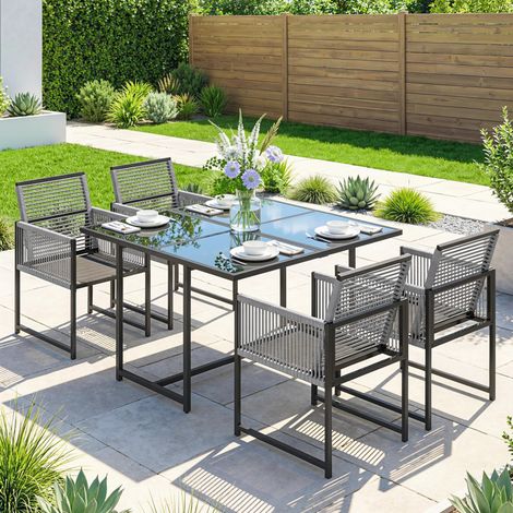 Set di mobili da giardino, composto da 5 pezzi: tavolo in vetro con 4 sedie pieghevoli e traspiranti con schienale in corda. (1/5)