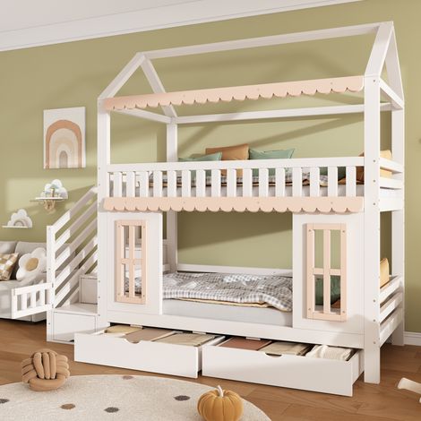 Litera infantil 90x200 cm blanco y natural en madera con escalera con almacenaje y cajones (1/5)