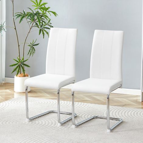 Set di 2 sedie da pranzo imbottite in PU bianca - Sedie moderne con schienale alto e robuste gambe in tubo di ferro cromato per sala da pranzo, cucina e soggiorno.