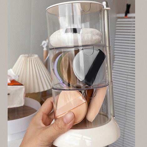 Support de bureau rotatif multicouche anti-poussière et respirant pour éponges à maquillage, blanc - Boîte à poudre rotative à 3 couches. (1/4)