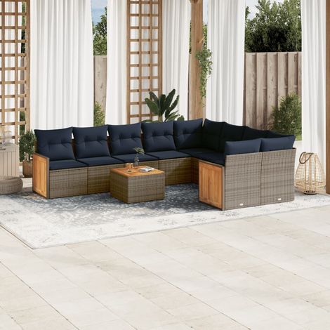 10-teiliges Gartensofa-Set mit Kissen, grau, Polyrattan