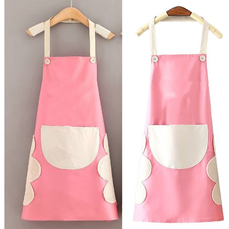 Tablier de cuisine imperméable et anti-transpirant, motif dessin animé mignon, couleurs vives, rose avec poche grise, idéal pour la cuisine familiale et les restaurants. (1/5)