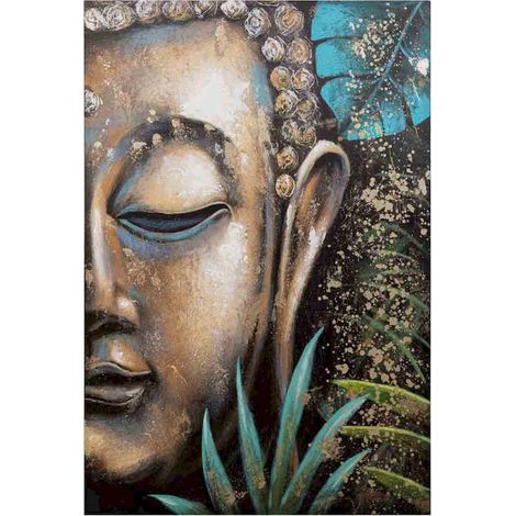 tableau bouddha peint à la main avec relief bleu élégant - bleu relief touches dorées et vertes (1/5)