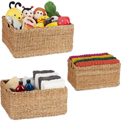 Relaxdays Aufbewahrungskorb 3er Set Seegras, Flechtkorb rechteckig, Bad Organizer, 3 versch. Größen, Regalkorb, natur