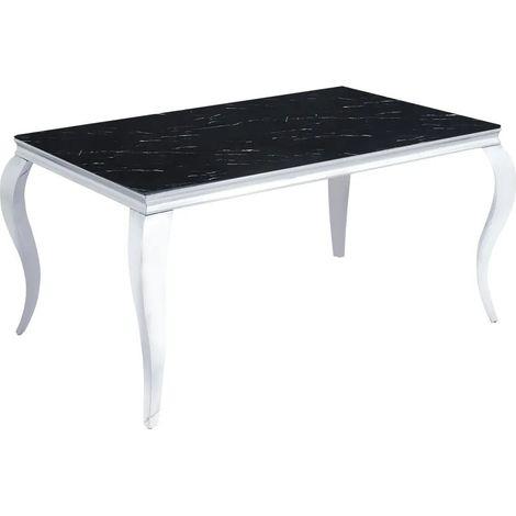 Table à manger BAROQUE 6 à 8 couverts pieds chrome plateau en verre 180x90 cm effet marbré noir