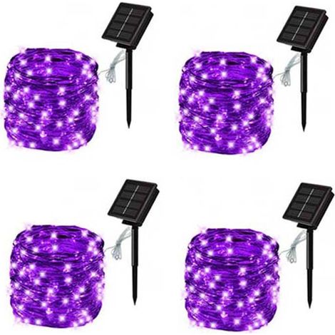 Lot de 4 Guirlandes Jardin Noël et Halloween, 20m 200 LED, 8 Modes, Clôture, pour Patio, Extérieur, Violet, Cuivre, Solaires (Balcon) (1/5)