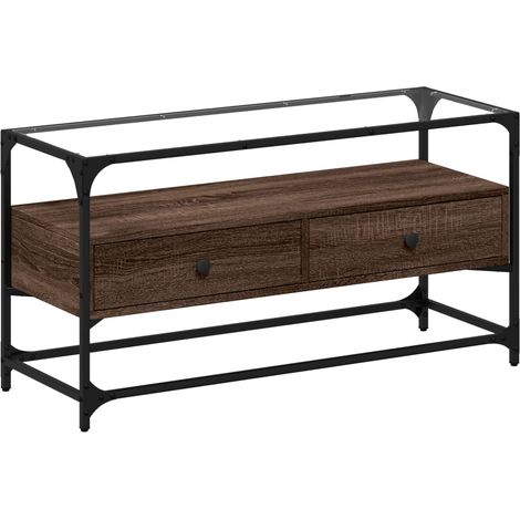 Porta TV multimediale scaffale TV credenza televisione sala da pranzo soggiorno camera da letto con piano in vetro derivati del rovere marrone 020026415