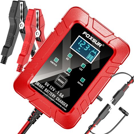 Chargeur FOXSUR 6 V/12 V 1,5 A pour batteries au plomb et au lithium ferrique - Chargeur à charge d'entretien pour batteries lithium destinées aux motos (1/5)