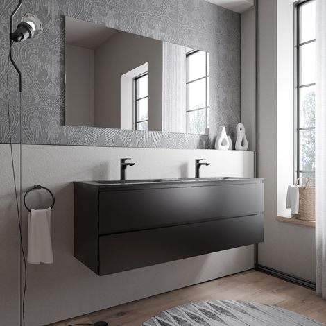 BERNSTEIN - Mobile lavabo doppio sospeso MDF Nero opaco, 2 lavabi Ghisa Nero opaco + fori rubinetto - 160x46x50cm - AVA BRUSSELS	Nero opaco, Nero opaco con foro rubinetto