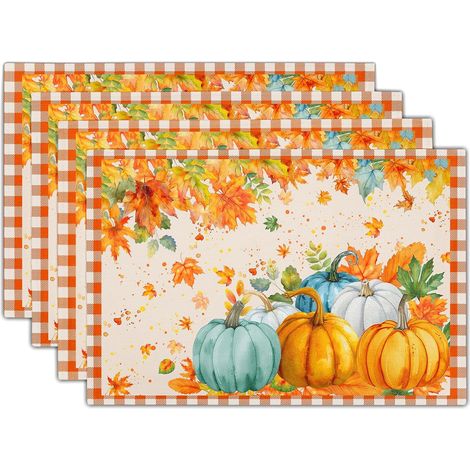 Ensemble de 4 sets de table en lin aquarelle automnale, décorations rustiques pour la cuisine et la salle à manger, idéales pour Thanksgiving. (1/4)