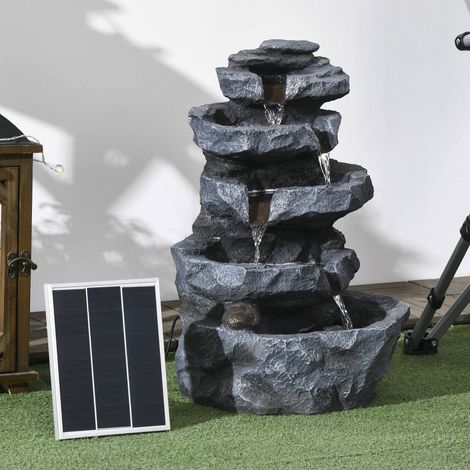 Fuente de jardín de roca en cascada de 5 niveles alimentada por energía solar, fabricada en resina con luces LED y bomba, color gris.
