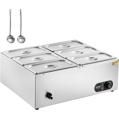 Cocina eléctrica comercial de 8 aspas, 8 x 8 cuartos de galón, vidrio, baño maría de acero inoxidable, 1700 W, temperatura de 86 a 185 °F, 6 sartenes de 1/3 de tamaño. (1/2)
