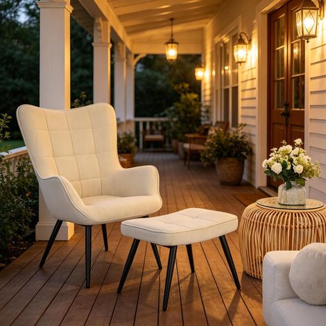 Fauteuil relax avec repose-pieds en velours côtelé blanc crème, structure métal, 50 x 49 x 97 cm (1/5)