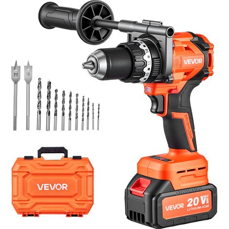 VEVOR Perceuse a Percussion Sans Fil 20 V, 24000 IPM Moteur Sans Balais, Batterie Lithium-ion 4000 mAh et Chargeur, Mandrin Tout Metal 1/2", Kit de Perceuse pour Bois, Metal et Vissage, Design Compact (1/5)