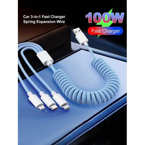 3-in-1-Schnellladekabel (USB), max. 100 W, verstellbare Länge, geflochtenes Nylonkabel, gerader Spiralstecker, kompatibel mit iPhone 16–11, Samsung, iPad, Blau (1/5)