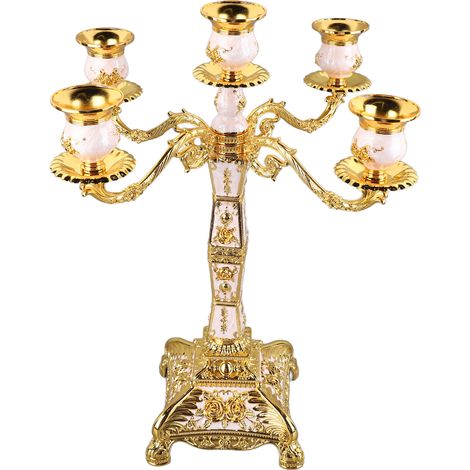 Lot de 5 bougeoirs dorés et blancs, style rétro européen, chandelier métallique romantique, décoration pour mariage et dîner. (1/5)