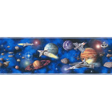 Frise murale étoile pour chambre garçon | Frise papier peint à motifs planètes | Frise tapisserie multicolore pour chambre d'enfant - 5,00 x 0,17 m (1/3)