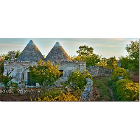 Lupia - Quadro moderno su Tela Canvas DEEP 65X143 cm, con paesaggi e localismi italiani, per casa, soggiorno, capezzale camera da letto, hotel, ufficio, PUGLIA - TRULLI IN CAMPAGNA (1/4)