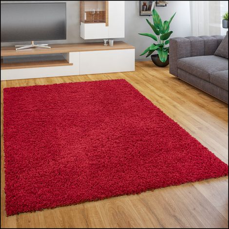 Paco Home Teppich Wohnzimmer Schlafzimmer Hochflor Shaggy Flokati Einfarbig Weich Modern 160x220 cm, Rot