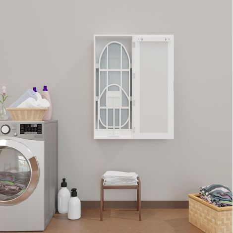 Armario de pared con tabla de planchar plegable, espejo y estantes en MDF blanco OKWISH (1/5)