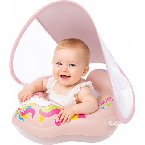 Flotador para bebé con toldo extraíble UPF 50+, flotador inflable para piscina con asiento de seguridad ajustable, flotador para bebé resistente a los rayos UV, impermeable. (1/4)