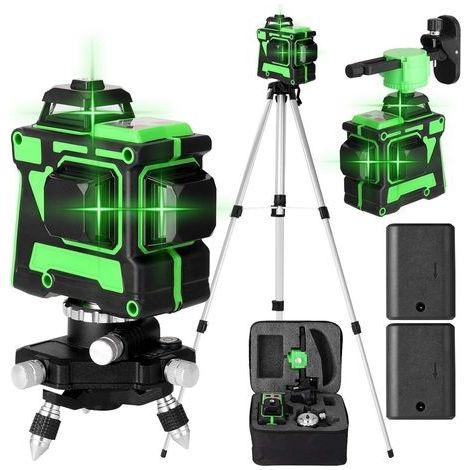 Niveau Laser Vert Autonivelant 3x360°, Rotatif 3D 12 Lignes Autonivellement avec 2 Pcs Batterie, Hauteurs Réglable Barre D'extension Trépied (1/5)