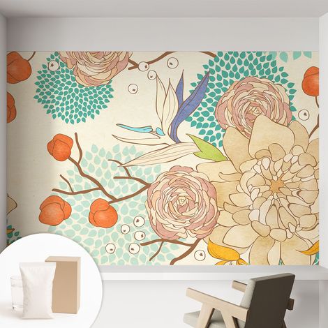 Papier peint intissé à motifs décoratifs pour salon chambre et bureau Décoration murale élégante avec colle Fantaisie florale 152x104 cm (1/5)