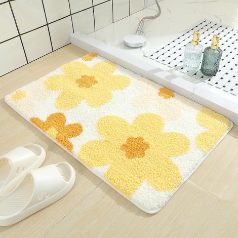 Grazioso tappetino da bagno, super morbido e assorbente, antiscivolo e confortevole, ideale per la doccia, il bagno o come tappeto da bagno, lavabile in lavatrice, 40 x 60 cm (fiore giallo) (1/5)
