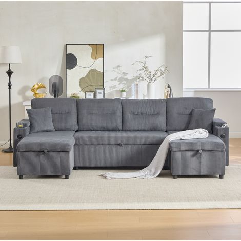 Sofá de 4 plazas (272x136x86 cm), con chaiselongue doble, almacenaje, USB Type-C, corduroy, gris carbono (1/5)