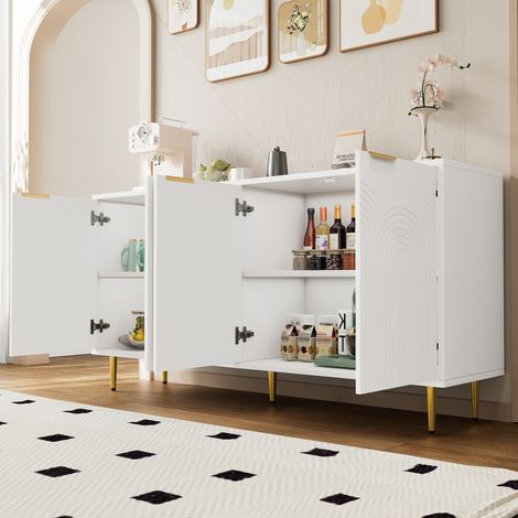 Buffet : salon,commode avec 4 portes,poignées brossées dorées et pieds de table très brillants,meuble de commode,blanc,mesure 160×80×40 cm (D×H×D)(DA)