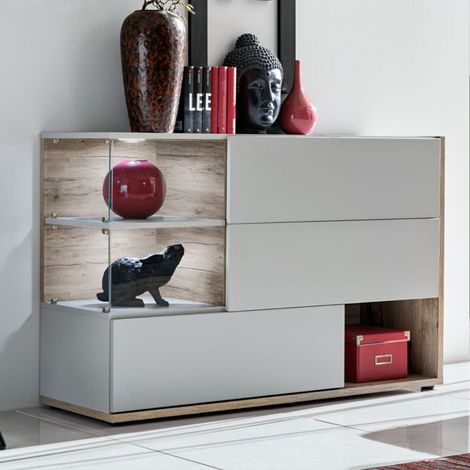 Buffet 3 Portes & 3 Niveaux "Silk" 120cm Gris Clair & Naturel (1/5)