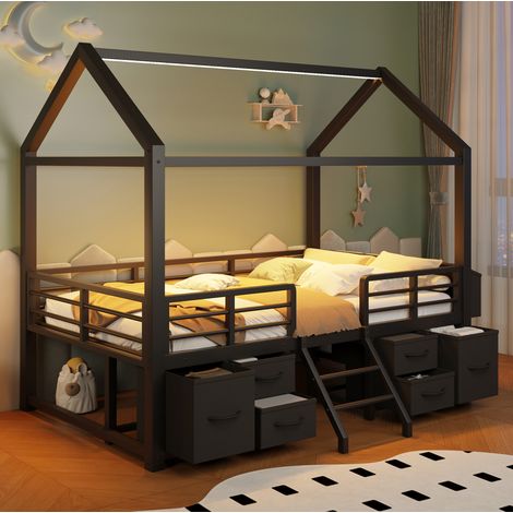 Letto soppalco bimbi 90x200 in metallo nero con LED e contenitori, senza materasso – MEUBLIV (1/5)