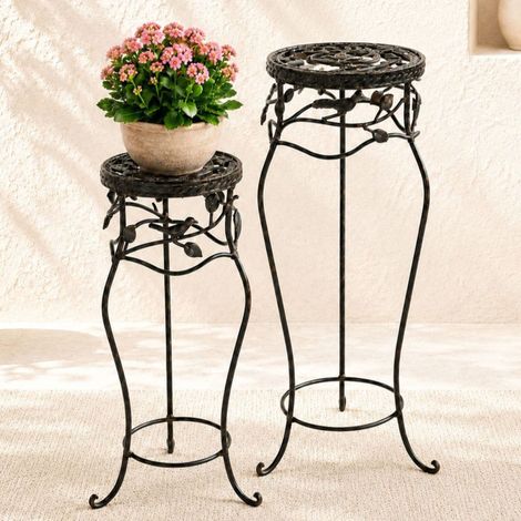 DanDiBo Blumenständer Metall Schwarz /Braun Antik Rund 18215 2er Set 65 cm / 78 cm Pflanzenständer Blumenhocker Beistelltisch Blumensäule Pflanzenhocker (1/5)