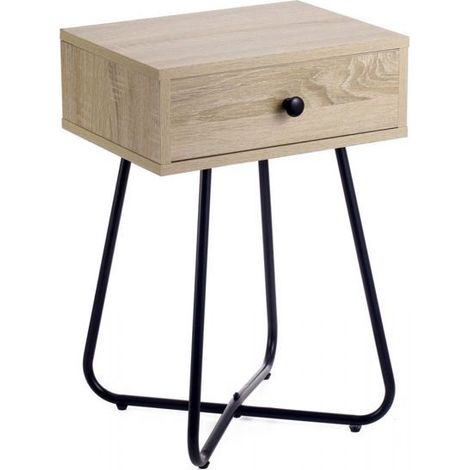 Table de chevet - JUANIO - Modèle compact - Effet bois naturel - Structure métal noir - 1 tiroir (1/3)