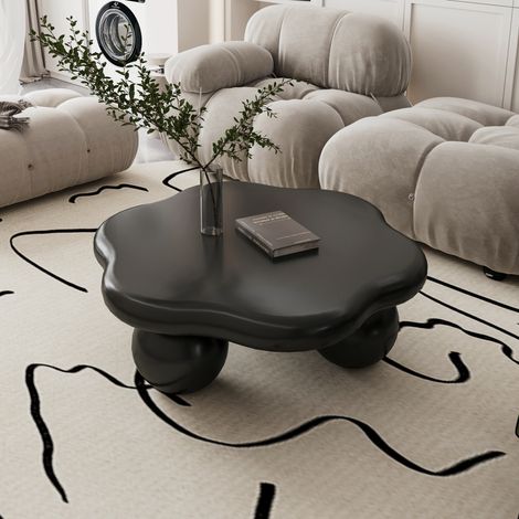 Table Basse Nuage Moderne avec Pieds Boule, Bords Arrondis, 79×79×31 cm, MDF et Plastique, Noir Mat (1/5)