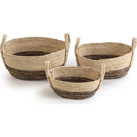 Set de 3 cestas Xiana de fibra natural con asas, blanco/marrón