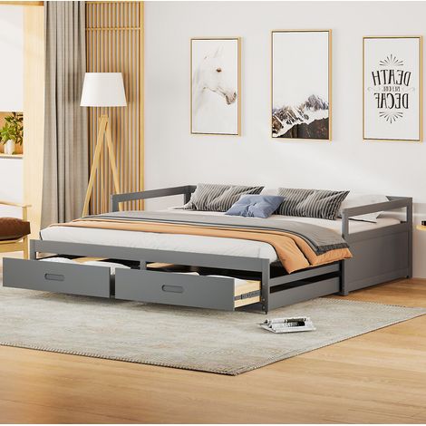 Letto con letto aggiuntivo 90/180x200 cm, divano letto, 2 cassetti, rete a doghe, in pino, senza materasso, grigio (1/5)